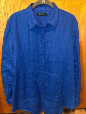 Lauren Ralph Lauren Blue 100% Linen Button-Up Shirt Women’s Long Sleeve Size L